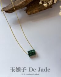 14K花青桶珠吊坠 Floral Green Jadeite Barrel Pendant